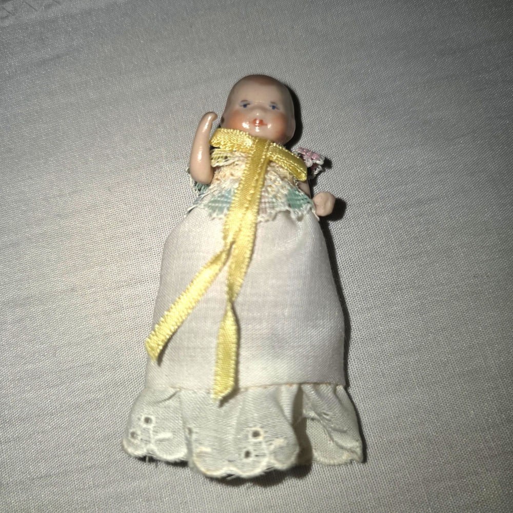 Vintage Miniature Bisque Porcelain Jointed Baby Doll White Eyelet Gown 3.5"